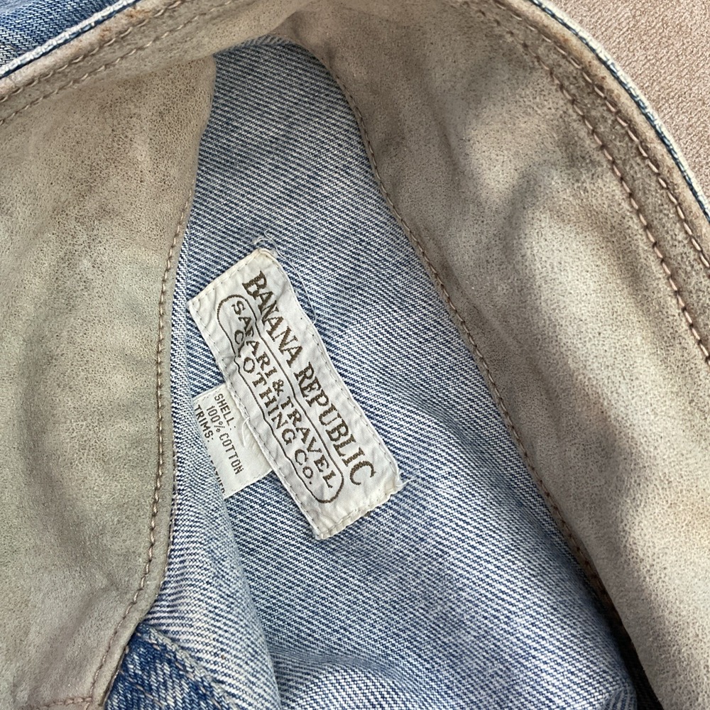 VTG Banana Republic‎ Safari Travel Jean Jacket 90s Denim Leather Trim Trucker L - Picture 11 of 16